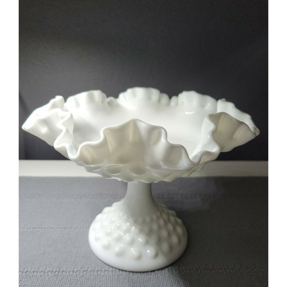 Fenton | Hobnail | Milk Glass | Ruffled 8" Wide Footed Bowl Vase - Picture 1 of 10